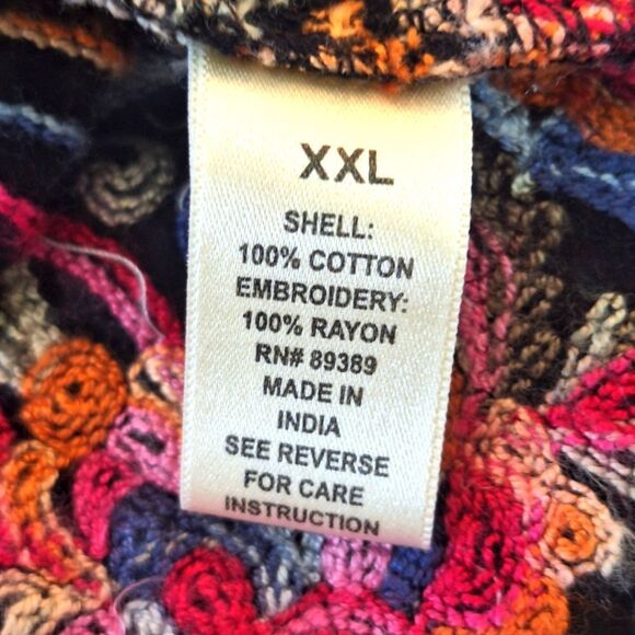 Colorful Bright Embroidered Cotton Blouse Top Smocked Off Shoulder Black XXL 2X - Picture 6 of 14